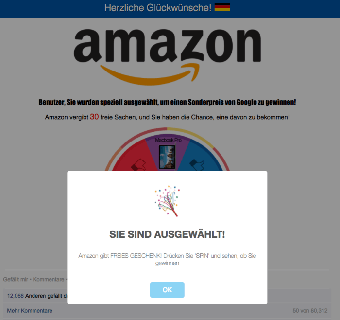 Gewinnspiel Seite im Namen von Amazon