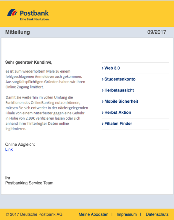 2017-09-13 Postbank Spam-Mail Falscheingabe PIN