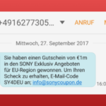 2017-09-28 Sony Spam SMS Gewinn info-sonycoupon.de