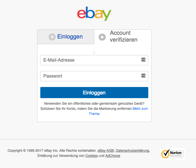 Phishing-Webseite eBay Beispiel