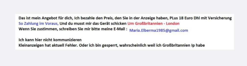 eBay Kleinanzeigen Nachricht als Bild Betrug Scam