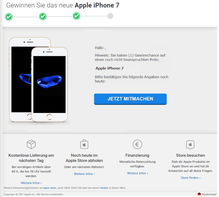 2017-10-16 Spam-Mail im Namen von Apple zu iPhone 7 Gewinn