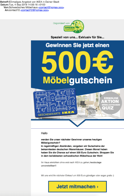 2018-09-06 Spam Mail IKEA Möbelgutschein 500 Euro