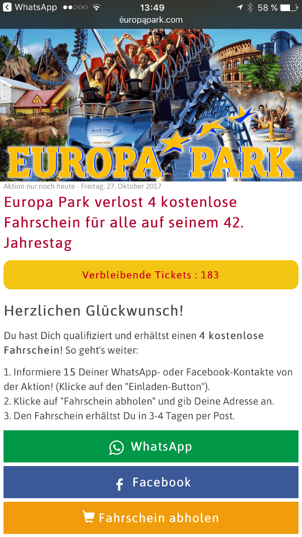 Europa Park Kettenbrief Fake teilen versenden