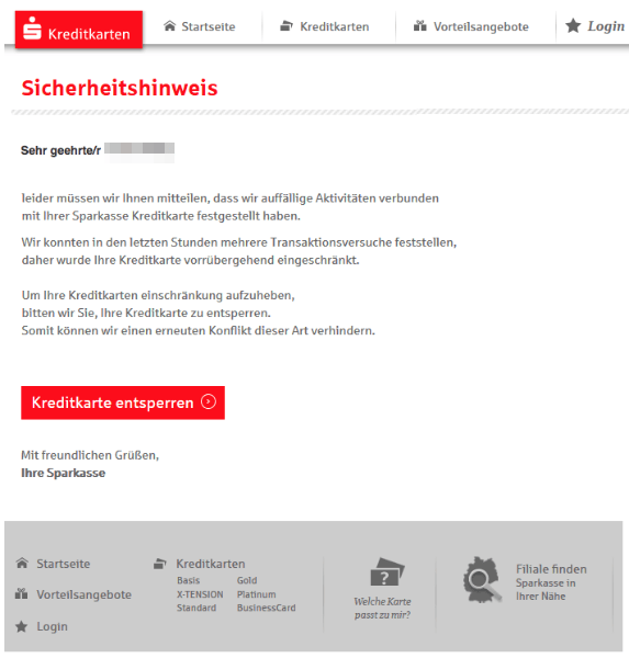 2018-01-18 Sparkasse Spam-Mail Kreditkarte entsperren