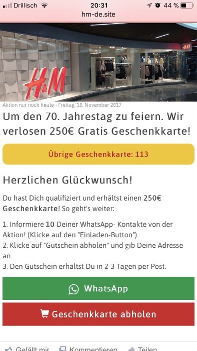 Kettenbrief WhatsApp H&M Gutschein 250 Euro2