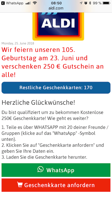 WhatsApp Aldi Kettenbrief 250 Euro