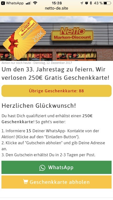 Kettenbrief WhatsApp Netto Gutschein 250 Euro