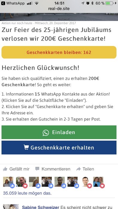 Kettenbrief WhatsApp real,- Gutschein