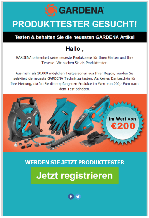 2018-08-21 Werbung Gardena Tester gesucht Datensammler