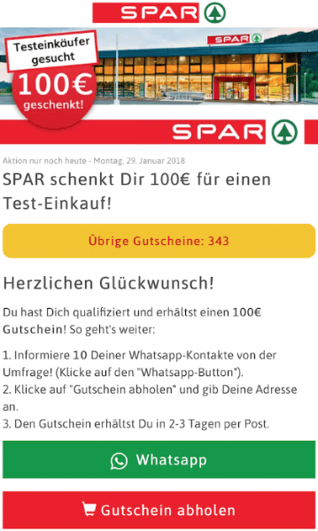 WhatsApp Kettenbrief Spar Testeinkäufer gesucht 100 Euro geschenkt teilen
