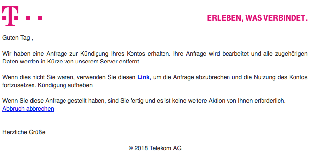 2018-05-29 Telekom Spam Mail Kündigung des Kontos