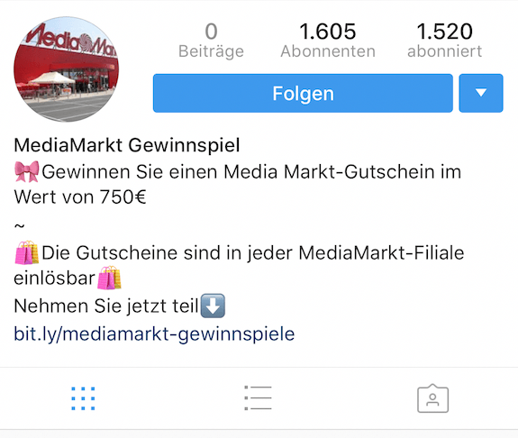 Instagram Fake-Konto Media Markt Gewinnspiel 2018