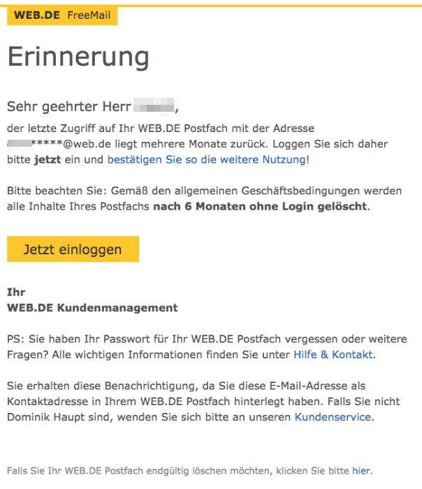 2018-05-09 E-Mail von web-de Erinnerung- WEB.DE Postfach-Inhalt wird in Kürze geloescht