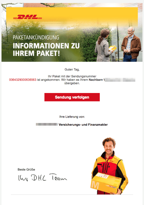 2018-07-30 DHL Paket Spam Mail Ihr DHL Paket liegt bei Ihrem Nachbarn