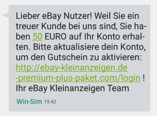 2018-07-30 ebay Spam SMS Fake 50 Euro Gutschein