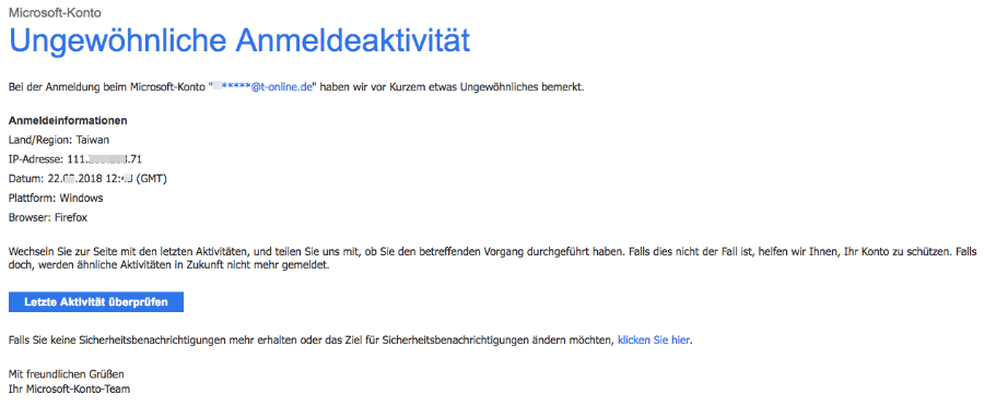 E-Mail Ungewöhnliche Anmeldeaktivität für das Microsoft-Konto