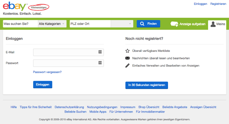 Fake-Webseite im Design von ebay-kleinanzeigen