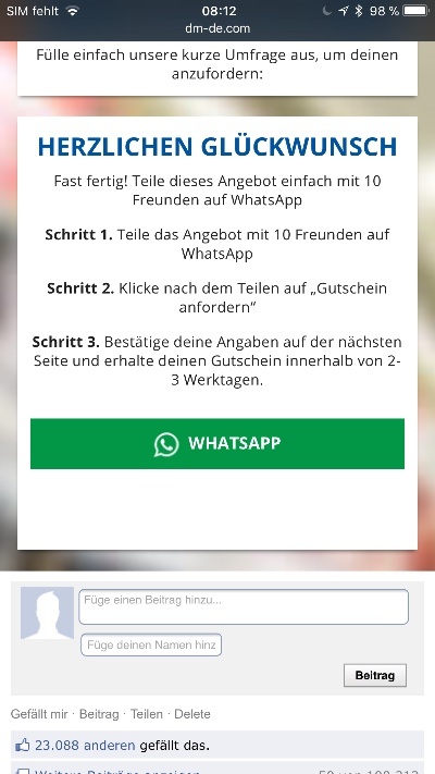 Kettenbrief WhatsApp DM 150 Euro Gutschein