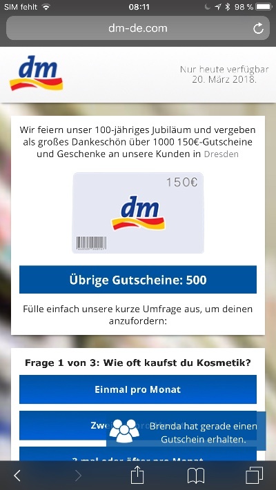 Kettenbrief WhatsApp DM 150 Euro Gutschein