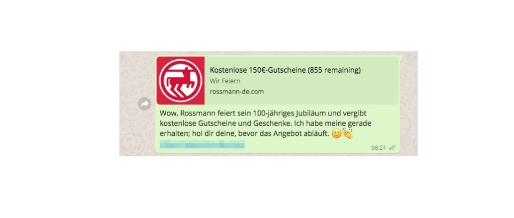 Kettenbrief WhatsApp Rossmann 150 Euro Gutschein