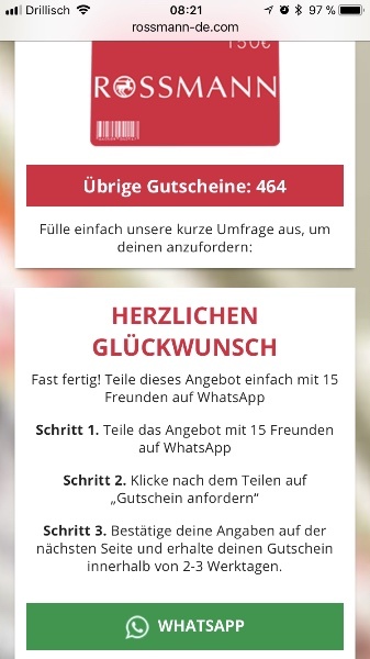 Kettenbrief WhatsApp Rossmann 150 Euro Gutschein