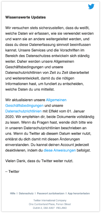 2019-12-05 Twitter E-Mail Aktualisierung unserer Allgemeinen Geschäftsbedingungen und Datenschutzrichtlinie