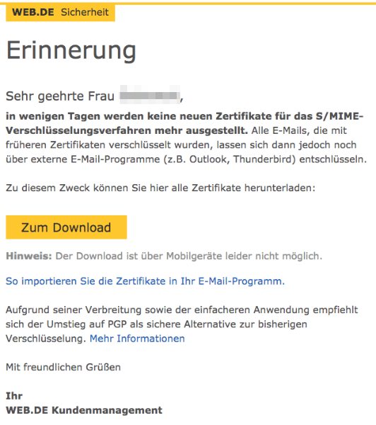 E-Mail web-de Erinnerung Download Zertifikate