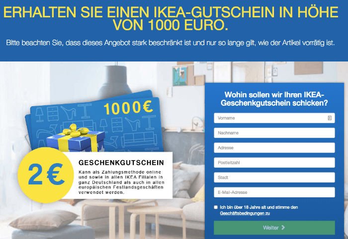 Fake IKEA Gewinnspiel 1000 Euro Geschenkkarte fuer 2 Euro bestellen