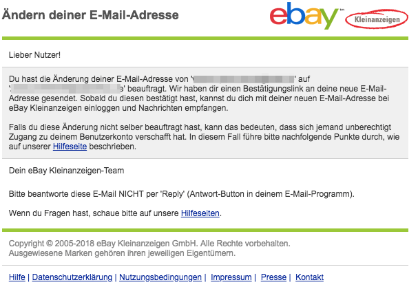 ebay Kleinanzeigen Mail Änderung der E-Mail-Adresse