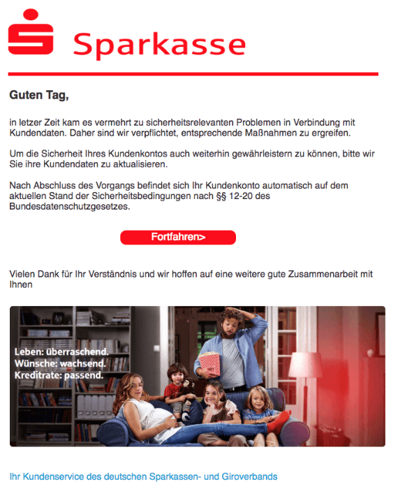 2018-05-09 Sparkasse Phishing Mail Nachricht vom Kundendienst