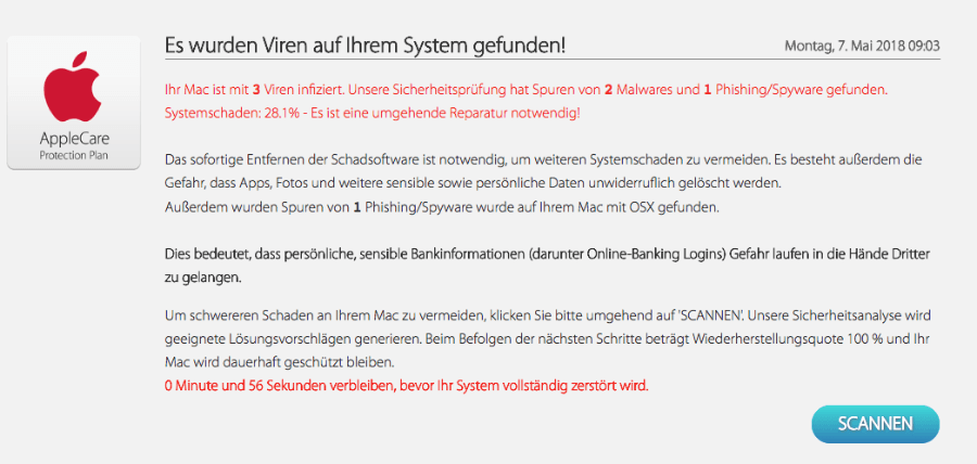 Fake-Viruswarnung im Namen AppleCare