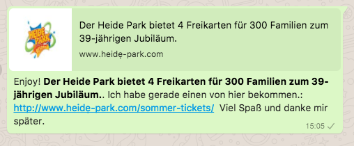 2018-06-25 WhatsApp Kettenbrief Heide Park Soltau 4 Eintrittskarten