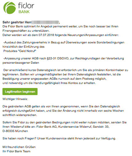 2018-07-07 Fidor Spam Mail Wichtig: Aktualisierung unsere AGBs