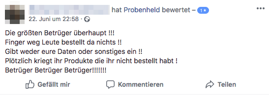 2018-07-02 Bewertung auf der Facebookseite von probenheld