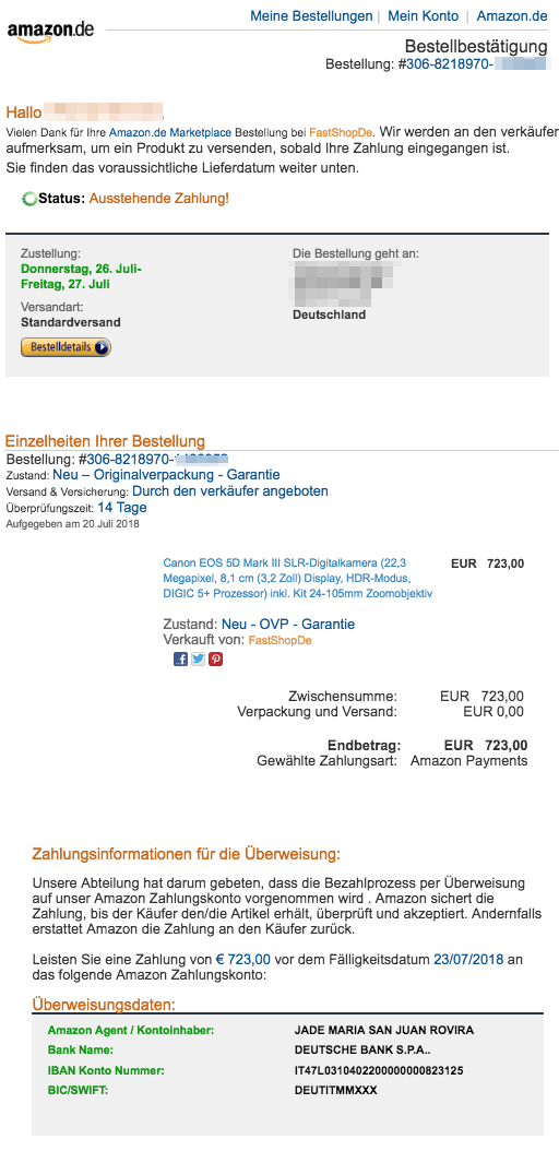 2018-07-23 Fake Zahlungsaufforderung im Namen von Amazon