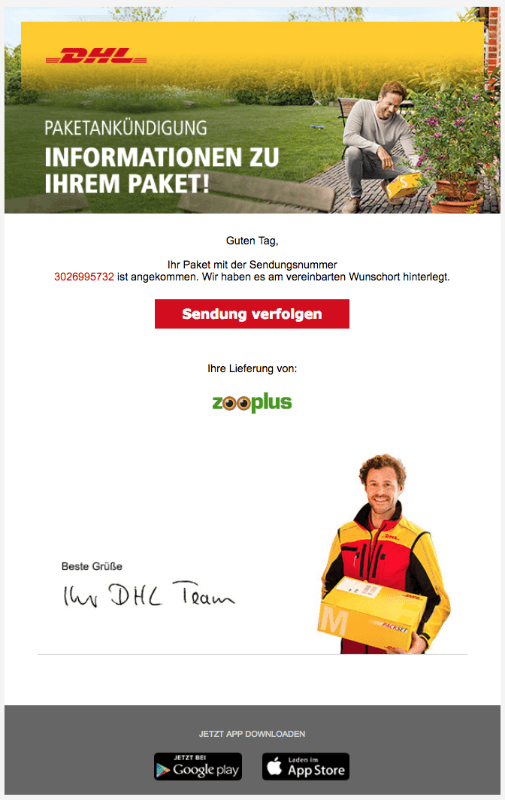 2018-08-09 DHL Spam Mail Ihr DHL Paket liegt am vereinbarten Ablageort