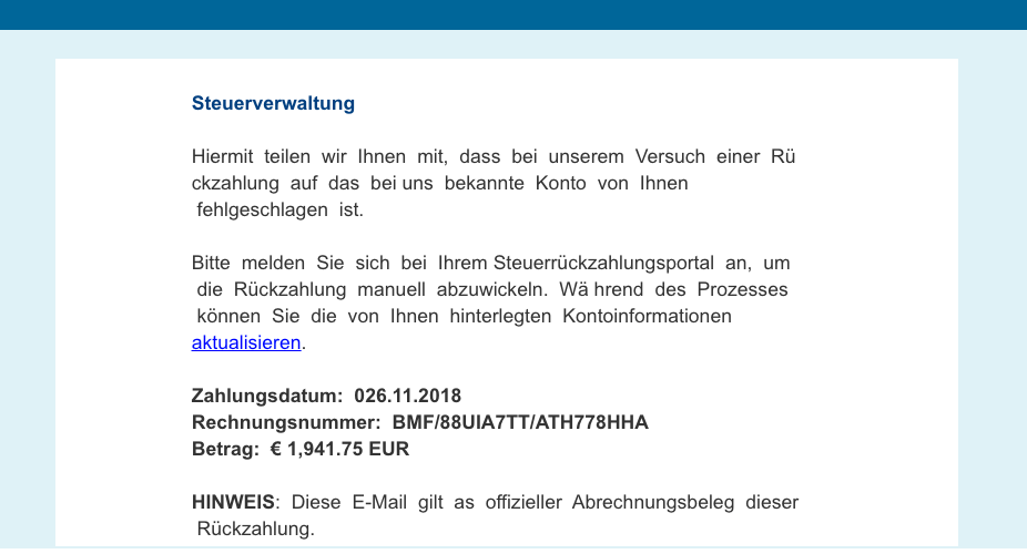Bundeszentralamt für Steuern: E-Mail zur Steuerrückzahlung ist Fake