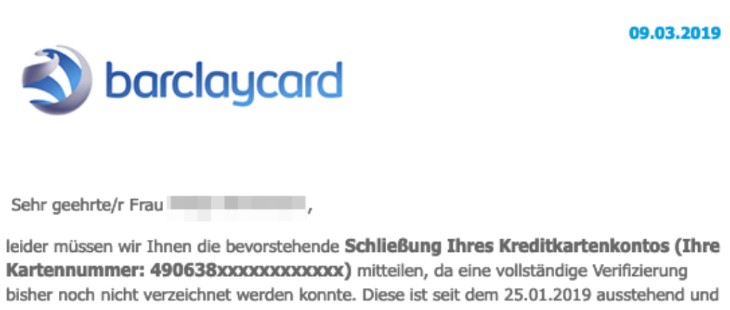 2019-03-11 Barclaycard Spam-Mail Bevorstehende Sperrung Ihres Kontos 2019-03-11 Barclaycard Spam-Mail Bevorstehende Sperrung Ihres Kontos