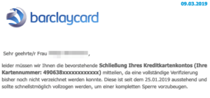 2019-03-11 Barclaycard Spam-Mail Bevorstehende Sperrung Ihres Kontos