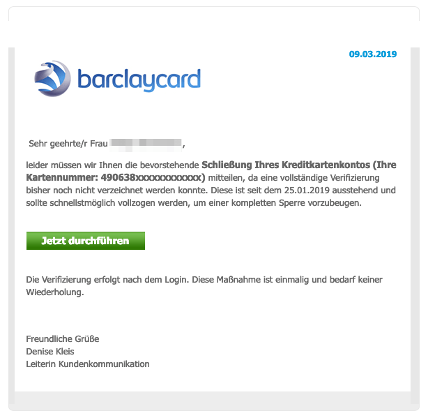 2019-03-11 Barclaycard Spam-Mail Bevorstehende Sperrung Ihres Kontos