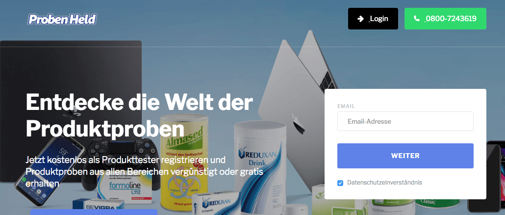 Probenheld Webseite wirbt mit kostenloser Registrierung