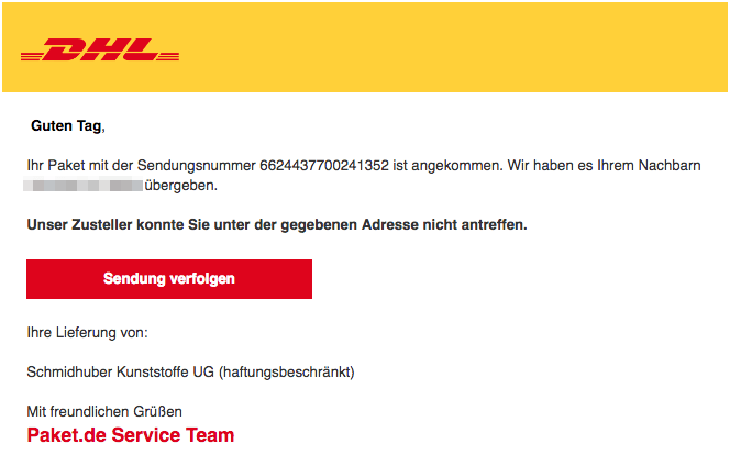 2018-08-09 DHL Paket Spam Mail Ihr DHL Paket liegt bei Ihrem Nachbarn