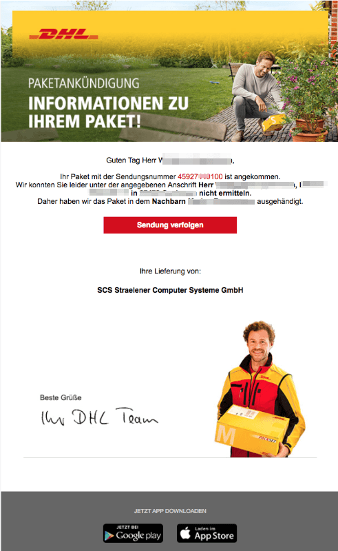 2018-08-20 DHL Paket Spam Mail Ihr Paket liegt beim Nachbarn