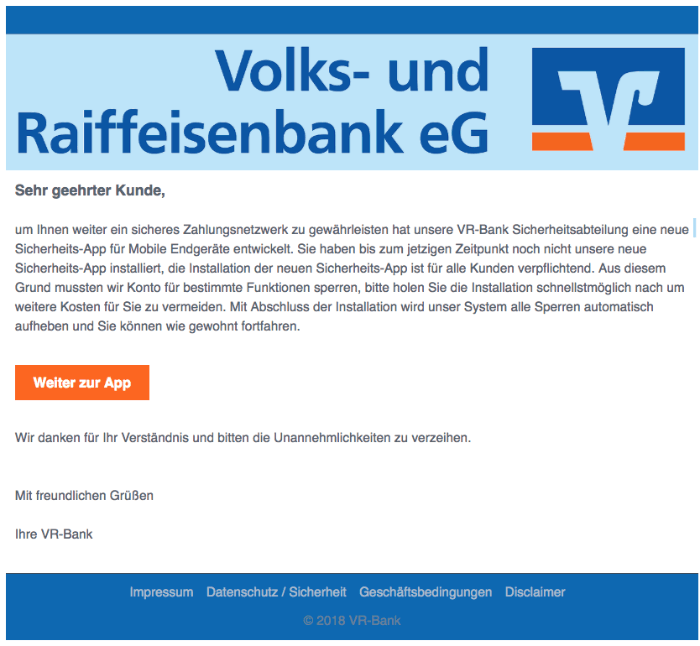 2018-08-22 Volksbank Raiffeisenbank Spam Mail Wichtige Mitteilung