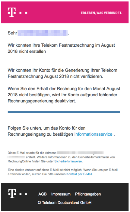 2018-08-30 Telekom Spam Mail Warnung für August Rechnung