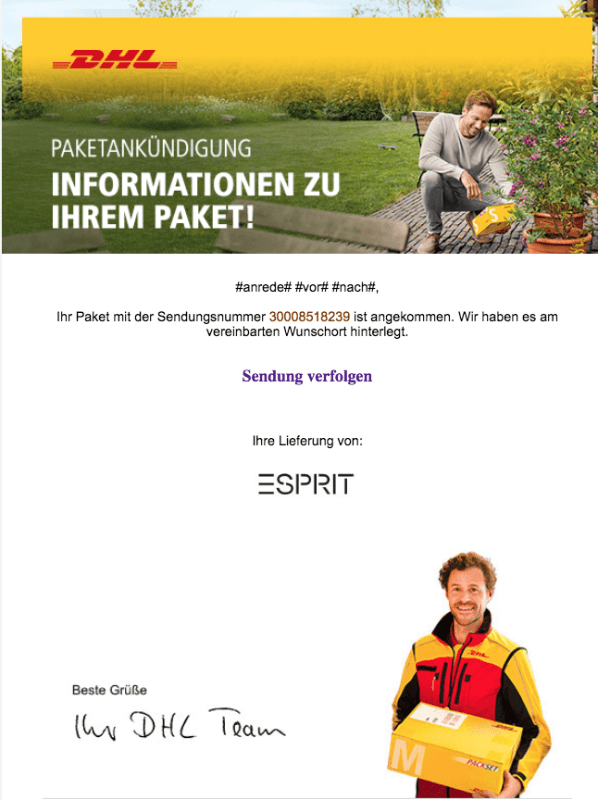 2018-09-24 DHL Paket Spam Mail Phishing Ihr DHL Paket wurde am Wunschort zugestellt