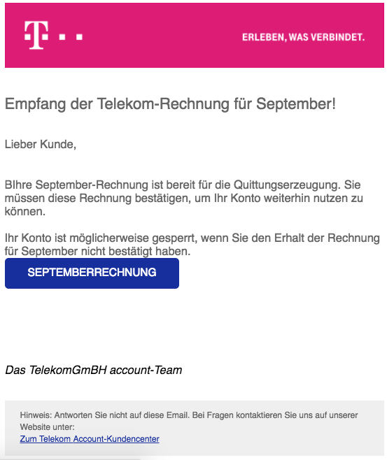 2018-09-27 Telekom Rechnung Fake-Mail September Rechnung Warnung