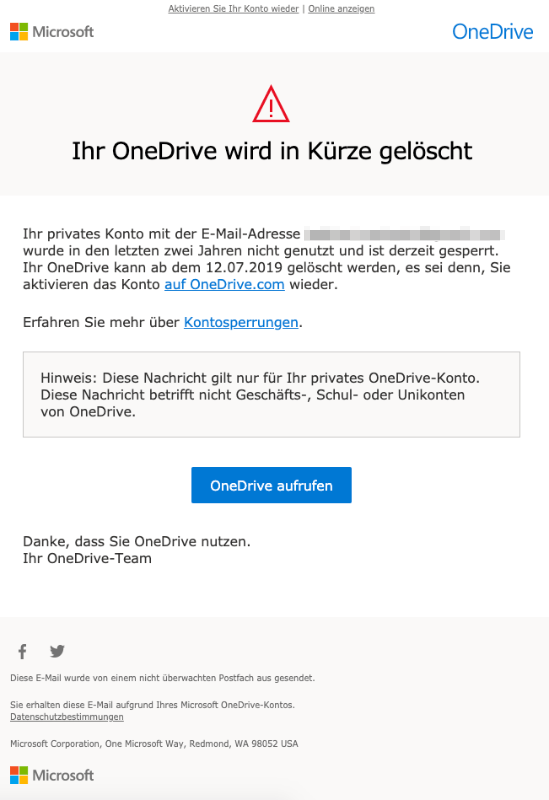 2019-06-11 Microsoft OneDrive E-Mail Spam Ihr OneDrive wird in Kürze gelöscht