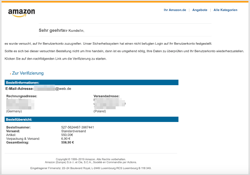 Amazon Spam-Mails Ihre Bestellung ueber